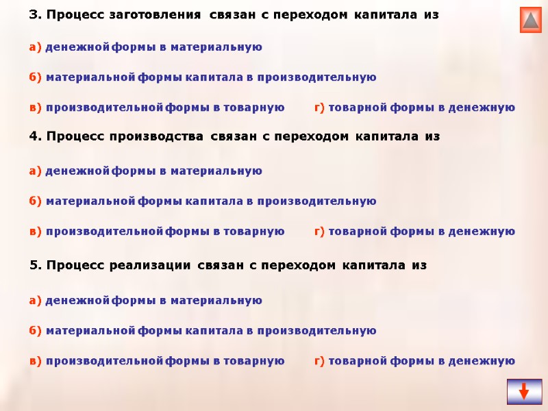 3. Процесс заготовления связан с переходом капитала из 4. Процесс производства связан с переходом
